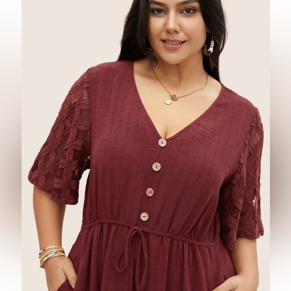 BloomChic Plus Size 2XL Crochet Lace Mesh Button Detail Drawstring Dress us18-20 - Picture 2 of 6